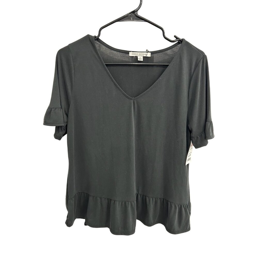 Green Envelope Los Angeles Ruffled Hem Short Sleeve V-Neck Top Black Small NWT